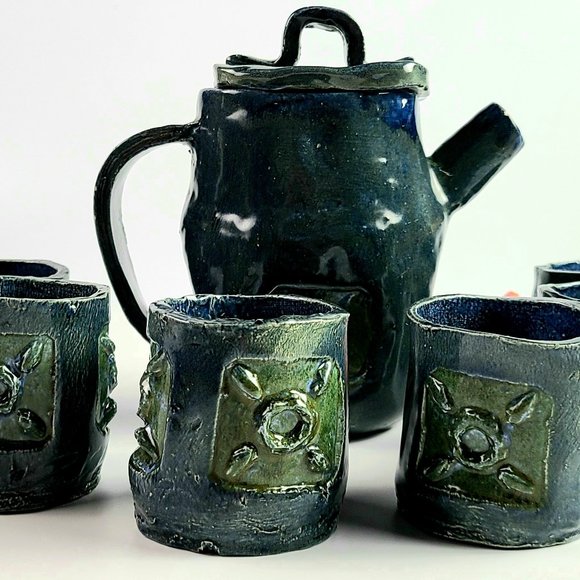Dining Vintage Signed Dark Blue Handmade Stoneware Tea Set With 6